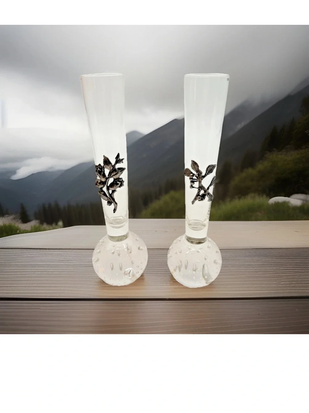 2 Piece Vintage Pewter Floral Overlay Controlled Bubble Glass Bud Vases 8